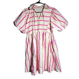JODIFL Pink Stripe Puff Sleeve Collared Midi Dress Women's Size M